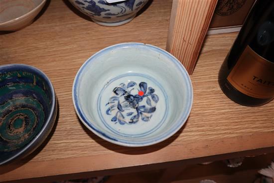 A Chinese blue and white vase and four bowls height 21cm